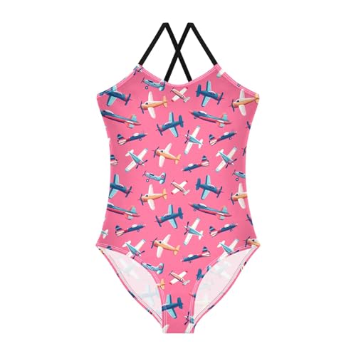 senya Girls Swimsuits One-Piece Swimwear Tie Bathing Suit Beach Summer Round Neck 7-8T Airplane Pink Background Pattern