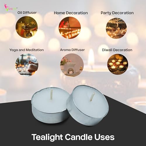 Image of Kriti Life Tealight Candles - 100% Paraffin Wax, Smokeless & Unscented, Long Burn 4.5 Hours, Set of 10 Pcs, Dripless White Candles for Home Decor, Diwali, Weddings, Meditation