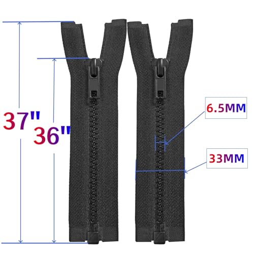 Image of MebuZip 2PCS #5 36 Inch Separating Jacket Zippers for Sewing (Black) | Resin Zipper Molded Plastic Zippers Bulk for Sewing Jackets Coats Clothes