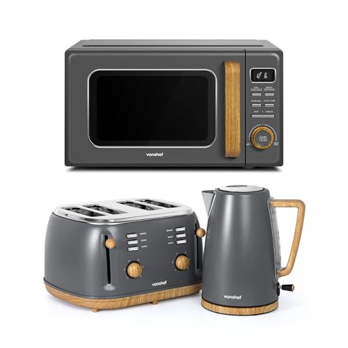 VonShef Microwave Kettle Toaster Set Scandi Kitchen Set 1.7L Rapid Boil Kettle Wide Slot Toaster 4 Slice and 23L Digital Microwave with 11 Power Levels & 10 Reheat Settings Fika Range Grey