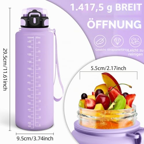 HoneyHolly Trinkflasche 1500ML, Auslaufsicher mit Zeitmarkierung, Water Bottle, Trinkflaschen mit Filter… – Ansicht 5