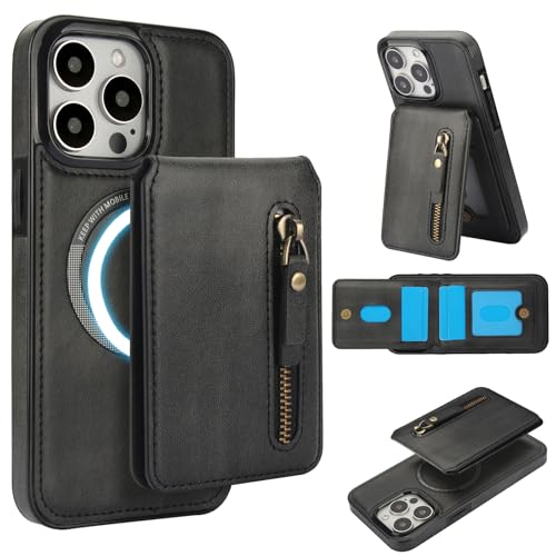 for iPhone 16 Pro Max Case with 2 in 1 Detachable Magnetic Wallet, 4 Card Slots and Zipper Pocket,Compatible MagSafe, RFlD Blocking Premium PU Leather Wireless Charging-Black Black iPhone 16