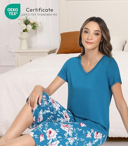 Image of NACHILA Bamboo Viscose Pajamas for Women Lace V Neck Capri Pants Pjs Set