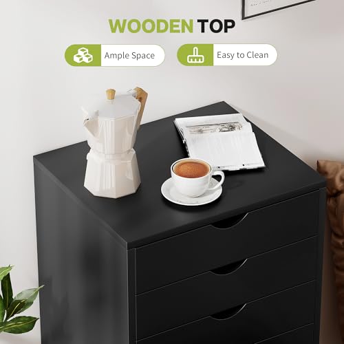 Image of 5-Drawer Chest, Office Storage Dresser File Cabinet with Wheels, Mobile Dresser for Home Office, Black