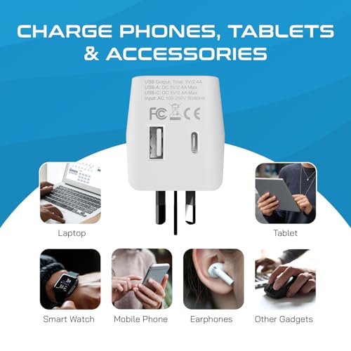 Image of Australia, New Zealand, China Travel Adapter Plug by Ceptics, Dual USB Input - Ultra Compact - USA to Type I - Perfect for Cell Phones, Chargers, Cameras, Tablets, and More (CTU-16)