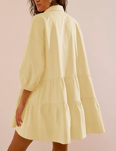 Image of HangNiFang Women's Summer Babydoll Mini Dress Flowy Puff Sleeve Tiered Button Down Oversized Tunic Dress with Pockets