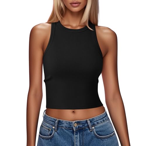 Womens High Neck Tank Tops Ribbed Sleeveless Crop Top Casual Basic Women Clothes Black