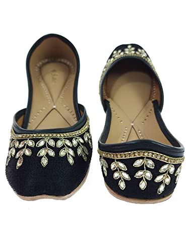 Image of Fulkari Women's Dolli Gold Genuine Soft Leather Embroidered Jutis | Bite and Pinch Free Jutti | Punjabi Formal Juttis | Girl's Wedding Flat Ladies Mojari | Formal Ethnic Juti |