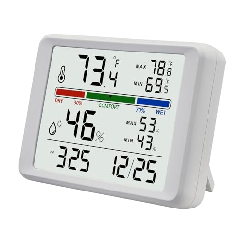 Termómetro Higrómetro Digital, Termómetro de Interior Plumeet con Retroiluminación, Despertador, Fecha, Indicador de Confort del Aire, Termómetro de Escritorio para el Hogar, Blanco