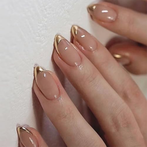 KQueenest Chrome Gold French Tip Press on Nails Short Almond, Nat...