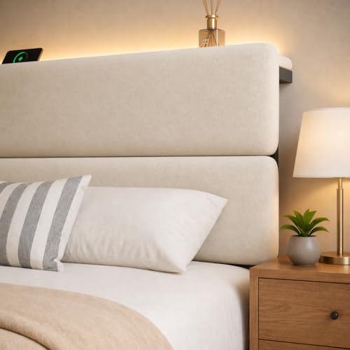 Image of Queen Bed Frame with 2 Storage Drawers, Beige Velvet Upholstered | Platform Bed with Charging Ledge, LED Headboard Lighting, Metal Support, Noise Free, No Box Spring Needed, Easy Assembly