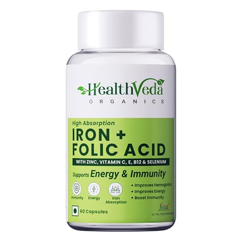 Health Veda Organics Chelated Iron Supplement with Folic Acid, Zinc, Vitamin C & B12 | Hemoglobin & Immunity Support | 60 Vegan Capsules