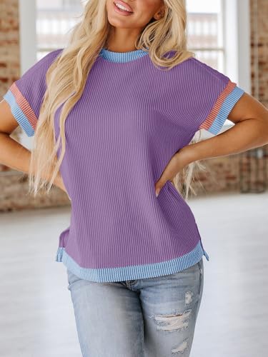 Womens Color Block Oversized Tops Trendy Casual Summer Textured Ribbed Knit T Shirts Loose Fit Short Sleeve Tshirts Purple — view 4