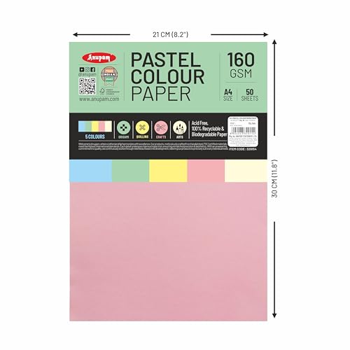 Image of Anupam A4 Pastel Colour Loose Paper 160gsm 5 Colors Paper for Arts, Crafts, Quilling (Multi Colour)