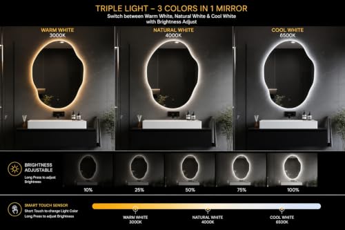 Image of MIRROR ART Irregular LED Wall Mirror 24x17 Inch - Dimmable Backlit Light, Touch Sensor - Modern Bathroom Vanity & Home Decor Mirror