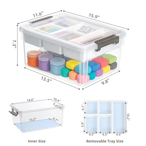Image of 17 QT Clear Stackable Craft Storage with 1 Removable Fixed-Compartment Tray, Craft Organizers and Storage for Painting, Coloring Book & Playdoh Supplies, 2 Packs