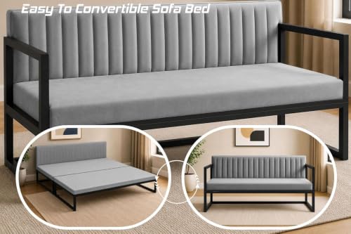 Image of Metal Sofa Cum Bed for Living Room | Modern Industrial Design Metal Frame 3 Seater Sofa Bed for Home, Office & Lounge-Grey
