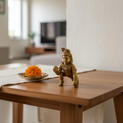 Image of eCraftIndia Golden Brass Bal Gopal Baby Krishna Idol Shree Krishna Murti Statue for Home Decor Pooja Room God Idol Decorative Showpiece Gift for Krishna Janmashtami Diwali