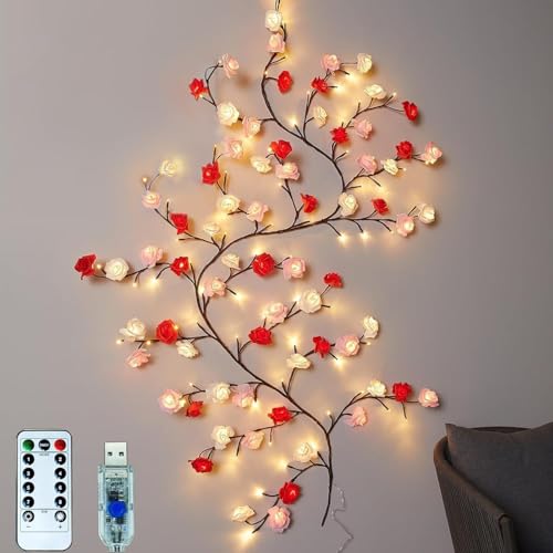 Image of Artificial Rose Vine Fairy Lights Wall Decor, USB Powered LED Flower Vine String Lights with Remote Control, 8 Lighting Modes, Flexible Wall Hanging Decoration (72 LED)