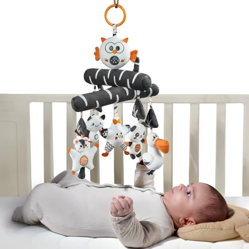 Image of TUMAMA Black and White Baby Crib Stroller Hanging Toys, Cute Plush Animal Baby Crib Mobile Rattle Toy, High Contrast Sensory Baby Toy for 0 3 6 9 to 12 Months