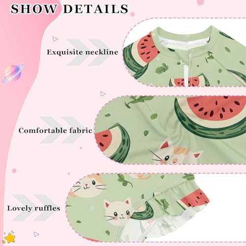 Watermelon Cats Pastel Green Rashguard Girls One Piece Swimsuit Quick Dry Ruffles Swimwear 3T4