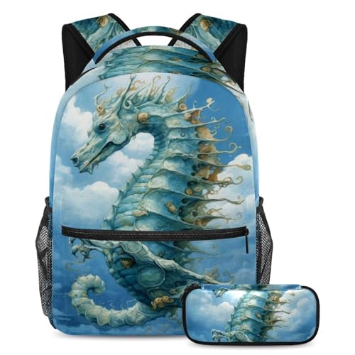 Cartables de grande capacité motif hippocampe bleu pour adolescents et étudiants branchés