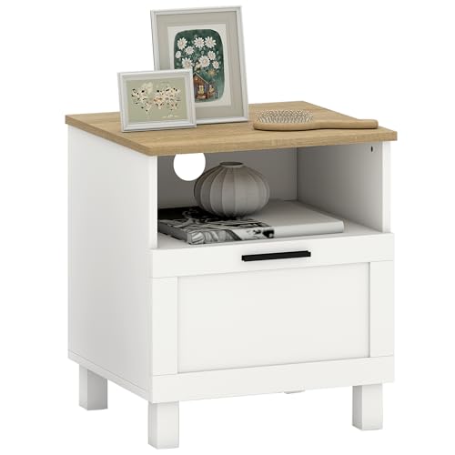 HOMCOM Comodino Camera da Letto con Cassetto e Ripiano Aperto Portaoggetti, Comodino Moderno Salvaspazio con Gambe in Legno di Pino, 45x38x50 cm, Bianco