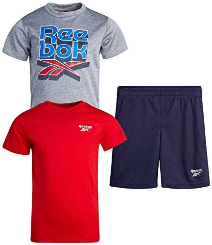 Reebok Baby Boys' Shorts Set  3 Piece Short Sleeve T-Shirt and Shorts Playwear Set (Infant/Toddler), Size 12 Months, Light Heather Grey/Red/Black