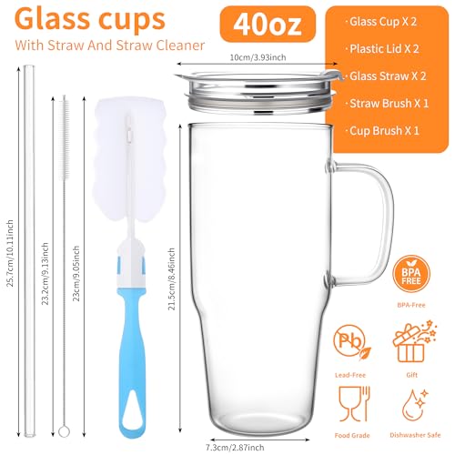 Image of Birity 2Pack 40OZ Glass Tumbler with Handle,Glass Cup with Lid and Straw,Reusable Glass Iced Coffee Cup for Beer, Smoothies, Juice,Hot /Cold Drinks-Suitable for Birthday,Wedding