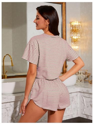 Image of OYOANGLE Womens Pajama Sets 2 Piece Sexy Lounge Sets Summer Cute Pjs Striped Print Tee and Side Split Shorts Set