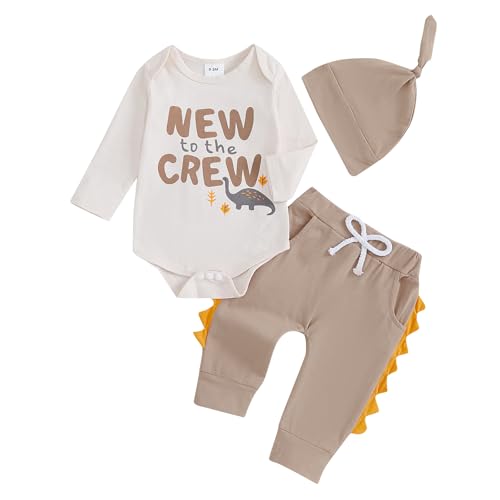 Image of Newborn Infant Baby Boy Outfit Little Brother Romper Infant Letter Print Dinosaur Clothes Drawstring Pants Hat