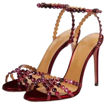 Women Rhinestone Strappy Stiletto Heels Open Almond Toe Sexy Dressy Pumps Sparkly Crystal High Heels