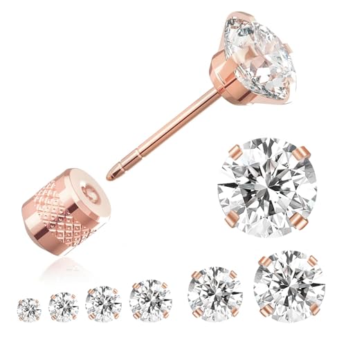 Threadless Flat Back Stud Earrings 6 Pairs Titanium Hypoallergenic Earrings for Women Men Cubic Zirconia Silver Gold Surgical Stainless Steel Stud Set for Cartilage 2-8mm (Rose Gold-2/3/4/5/6/8mm)
