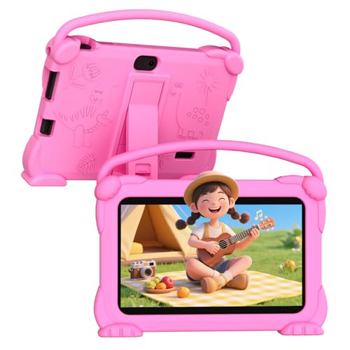 Image of Kids 7 inch Android 12 Tablet - 4GB RAM, 32GB ROM, 1TB Expandable, Toddler Shockproof Case, Parental Control, 1024 * 600 IPS Screen, 3000mAh Battery, Educational & Games, Pink