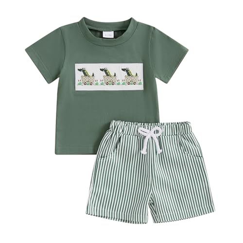 Image of WZTYYDS Toddler Baby Boy Clothes Striped Embroidery T-Shirt Elastic Waist Shorts Set 2Pcs Infant Summer Outfits