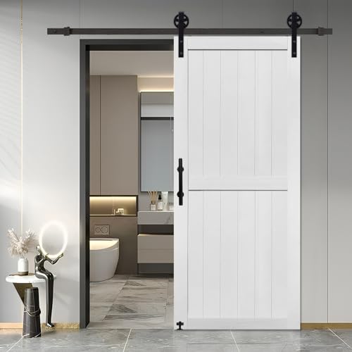 S&Z TOPHAND® 38in x 84in MDF Barn Door with 6.6FT Sliding Door Hardware Kit, 24-60in Solid Barn Door Slab Covered with Water-Proof PVC Surface, Simple Assembly is Required(Big Wheel)