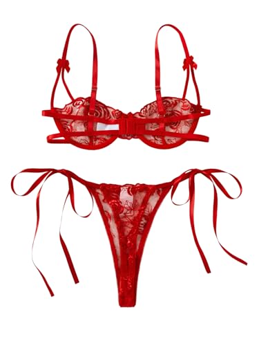 Image of Lilosy Sexy Tie Side Cute Underwire Push Up Strappy Embroidered Mesh Sheer Lingerie Set