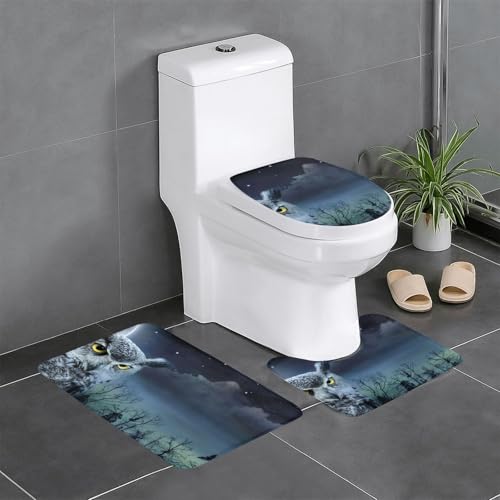 かわいい フクロウ 月柄 トイレマット 3点セット フタカバー 浴室足ふきマット 吸水 速乾 滑り止め 抗菌 防臭 洗える ふわふわ プレゼント 40x60cm