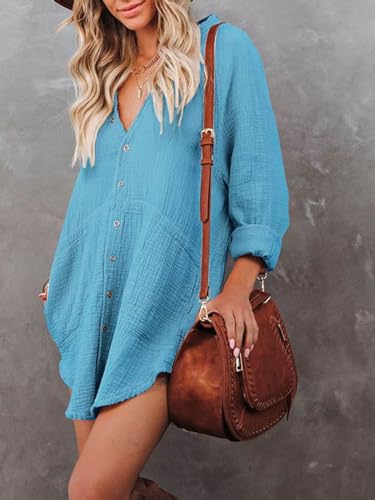 Women's Summer Long Sleeve Beach Cover-ups Casual Button Down Dresses Shirt Oversized Tunic Dress with Pocket4
