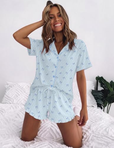 Image of Ekouaer Womens Pajama Sets Button Down Short Sleeve Top and Shorts Cute Ruffled Pjs Sets Sleepwear