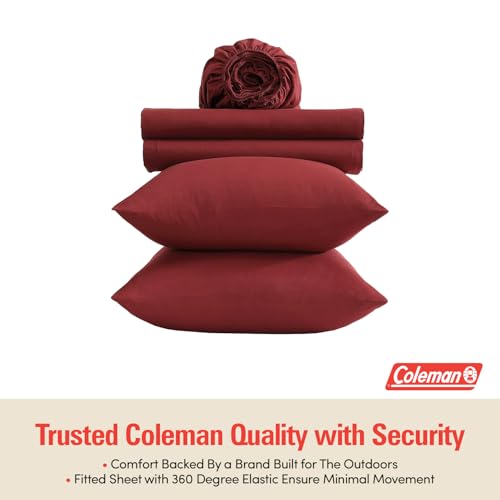 Image of Coleman Queen Sheet Set - Durable Home Bedding with Outdoor Heart, Stylish & Reliable for Bedroom or Cabin - Premium Solid Color, Built for Comfort, Style & Occasional Outdoor Use, Burgundy