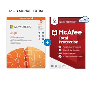 Microsoft 365 Single 12+3 Monate Abonnement | 1 Nutzer | Mehrere PCs/Macs, Tablets und mobile Geräte | Download Code + McAfee Total Protection 2022 | 6 Geräte | 12 Monate Abonnement | Download Code