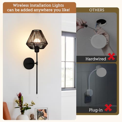 Image of Battery Operated Wall Sconces Set of 2,Rattan Rechargeable Wall Light Dimmable with Remote Control,15 Color Changing and Timer,Boho Wireless Black Wall Lamps for Bedroom,Living Room