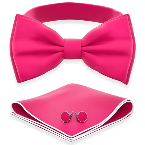 Image of Adam Young Men's Bow Ties with Handkerchief & Cufflinks Pre-Tied Style Formal Satin Classic Bowtie for Tuxedo Faux Silk