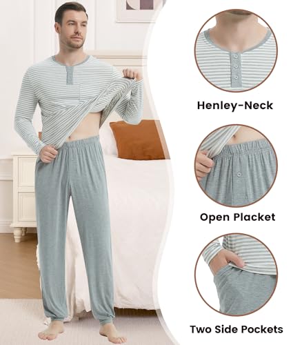 Image of NACHILA Mens Pajamas Set Long Sleeve Henley Sleepwear Top Soft Jogger Pants Pajamas Cool Pjs Set,Viscose Made from Bamboo
