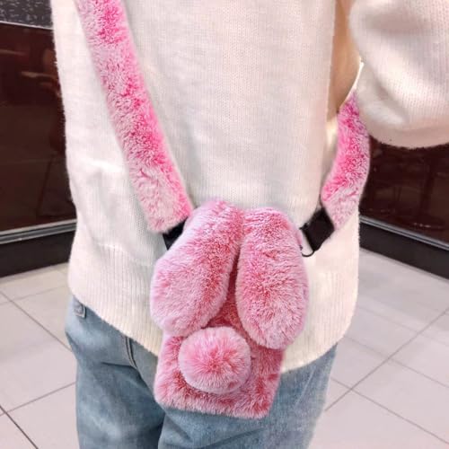 Omorro Compatible with iPhone 16 Case for Women Girls Plush Rabbit Case Soft Warm Fluffy Furry Bunny Ear Fur Case with Crossbody Neck Chain Protective Bling Crystal Diamond Girly Case
