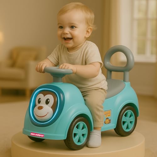 Image of MiniExplorer Monkey Ride-On Toy Car for Kids | Push Ride Car with Music, Horn, Backrest, Safety Guard, Under Seat Storage & Big Wheels | Baby Ride-On for 1-3 Years Boys & Girls - Blue