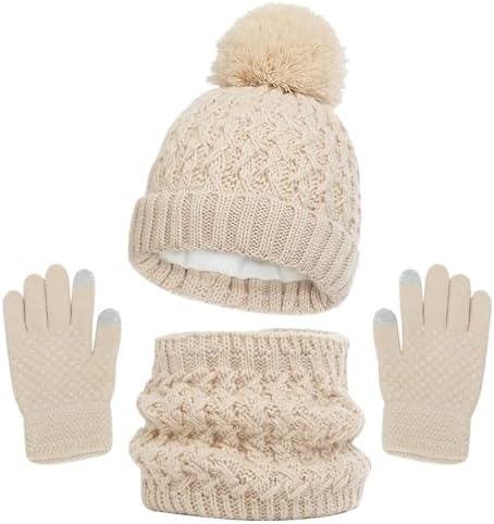 Maeau 3-in-1 Winter Beanie Hat Scarf and Gloves Set, Boys Girls Knitted Winter Accessories Sets Warm Fleece Lined Scarf Pom Bobble Hat and Fingers Touch Screen Gloves Sets 1-6 Y