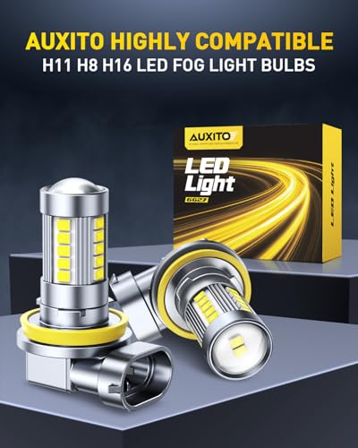 Image of AUXITO H11 H8 LED Fog Light Bulbs 6500K White 500% High Brightness H11 /H16 /H8 LED CSP Chips DRL Replacement, 360 Full Illumination Non-Polarity Pack of 2