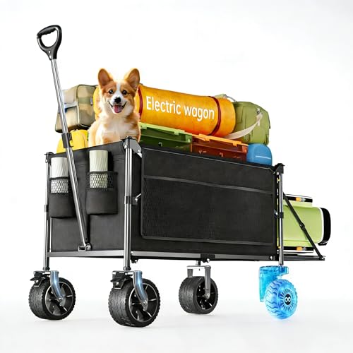 Image of Everyfun Electric Utility Wagon Cart-330 lb Load, 180 L Foldable Beach Wagon with Remote, 4-Speed, All-Terrain Wheels for Camping, Beach, Garden & Shopping, Black